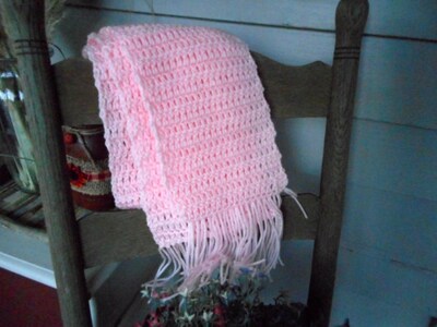 The Rose Quartz Pink Crochet Scarf. Homespun Gypsy Bohochic Hand Crocheted Fringe Scarf. - image2